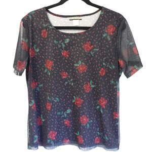 Vintage 90s Womens Mesh Black Red Rose Floral Print Sheer Whimsigoth Top Medium